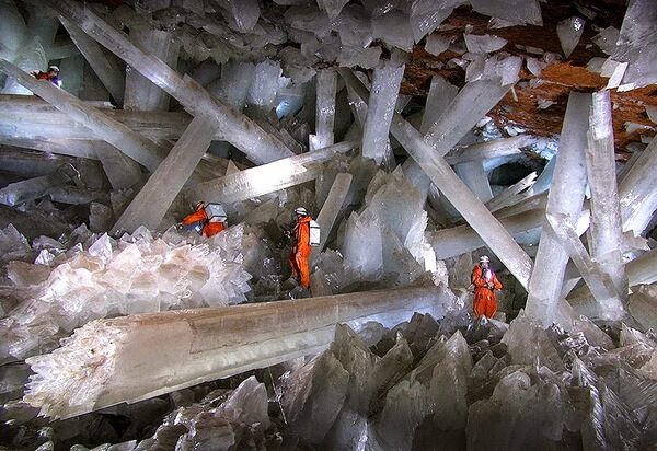 Photo from the Naica Mine showing the enormous size of the selenite crystals.
